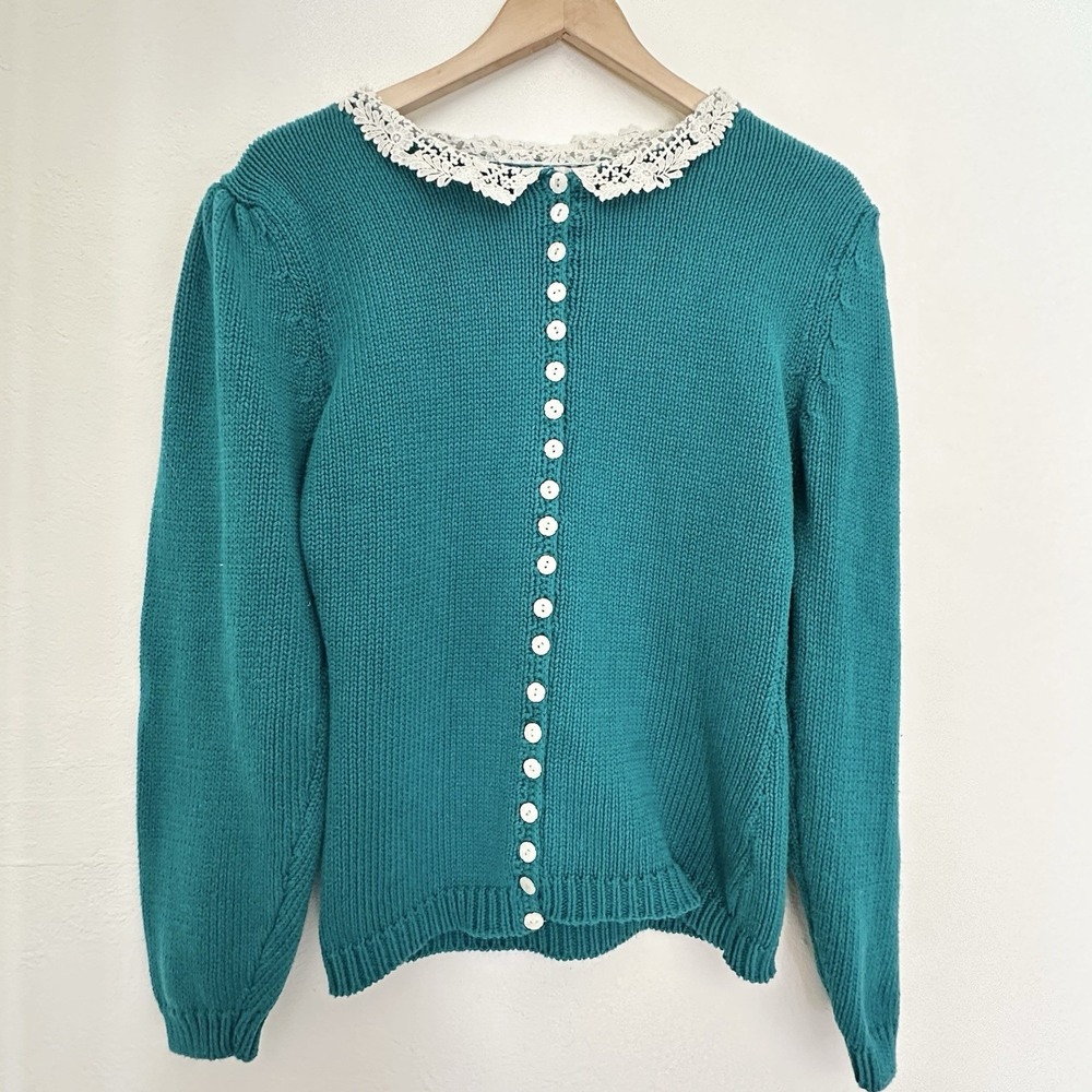 Vtg Cambridge Spirit Sweater Womens Medium Green Grannycore Cottagecore Lace - Picture 6 of 12